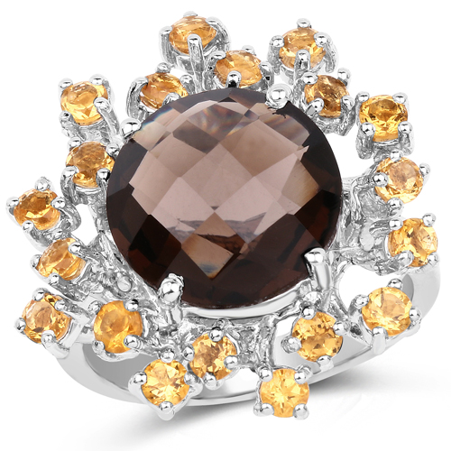 Rings-6.94 Carat Genuine Smoky Quartz and Citrine .925 Sterling Silver Ring