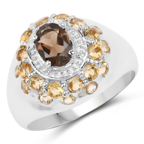 Rings-1.91 Carat Genuine Smoky Quartz and Citrine .925 Sterling Silver Ring