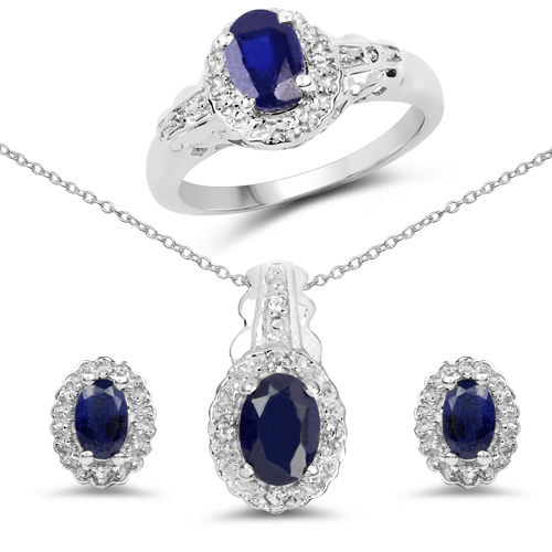 Sapphire-2.94 Carat Genuine Blue Sapphire and White Topaz .925 Sterling Silver 3 Piece Jewelry Set (Ring, Earrings, and Pendant w/ Chain)