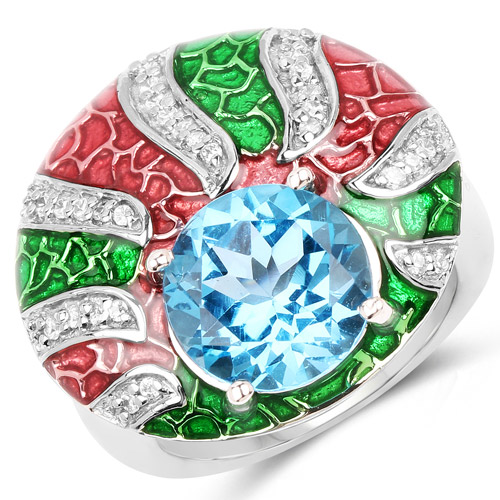 Rings-4.74 Carat Genuine Swiss Blue Topaz and White Cubic Zirconia .925 Sterling Silver Ring