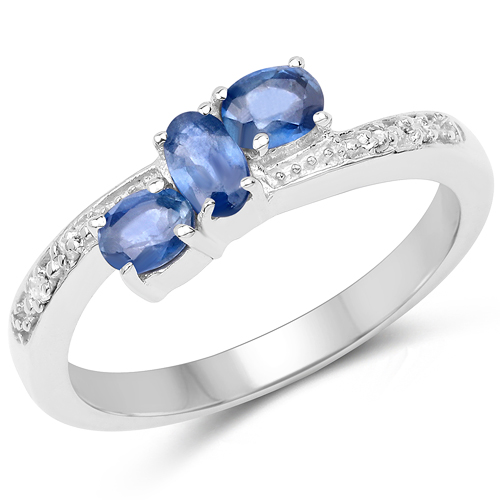 Sapphire-0.71 Carat Genuine Blue Sapphire & White Diamond .925 Sterling Silver Ring