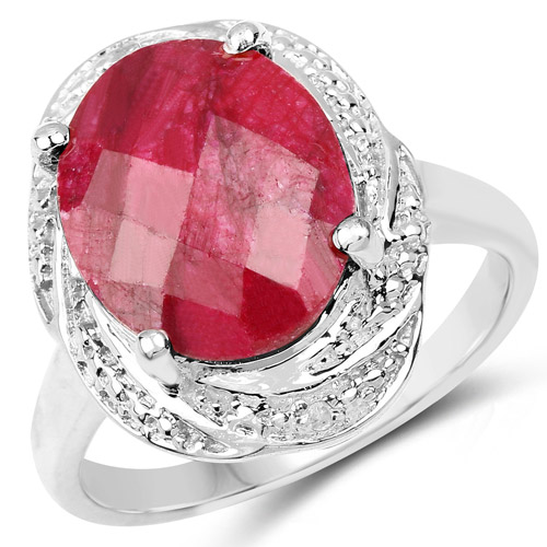Ruby-5.26 Carat Dyed Ruby and White Diamond .925 Sterling Silver Ring