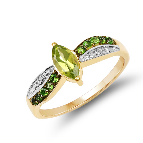 14K Yellow Gold Plated 0.69 Carat Genuine Peridot, Chrome Diopside and White Topaz .925 Sterling Silver Ring