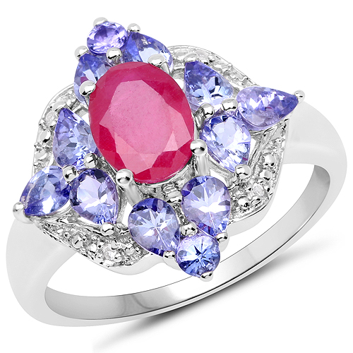 Ruby-3.16 Carat Genuine Glass Filled Ruby, Tanzanite & White Topaz .925 Sterling Silver Ring