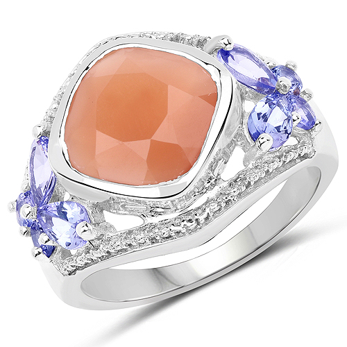 Rings-4.67 Carat Genuine Peach Moonstone and Tanzanite .925 Sterling Silver Ring