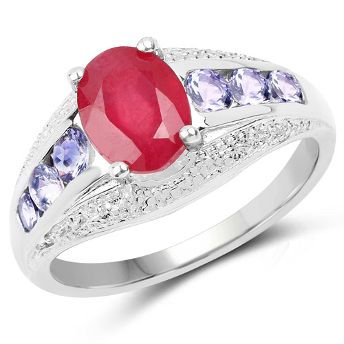 Ruby-2.10 Carat Glass Filled Ruby and Tanzanite .925 Sterling Silver Ring