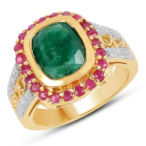 14K Yellow Gold Plated 4.80 ct. t.w. Dyed Emerald and Ruby Ring in Sterling Silver