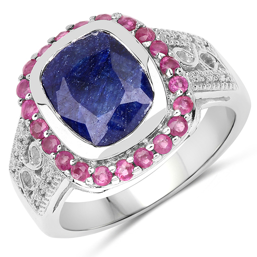 Sapphire-4.55 Carat Dyed Sapphire and Ruby .925 Sterling Silver Ring