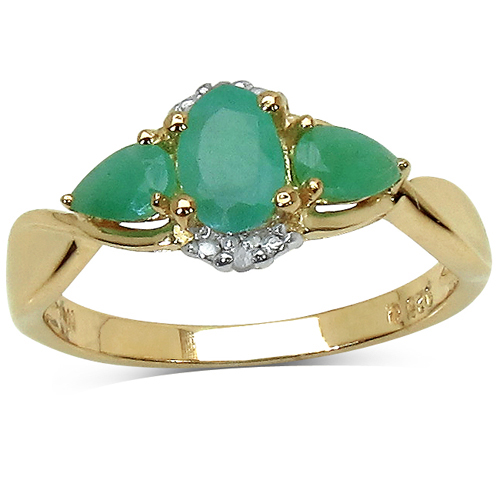 Emerald-14K Yellow Gold Plated 0.96 Carat Genuine Emerald & White Diamond .925 Sterling Silver Ring