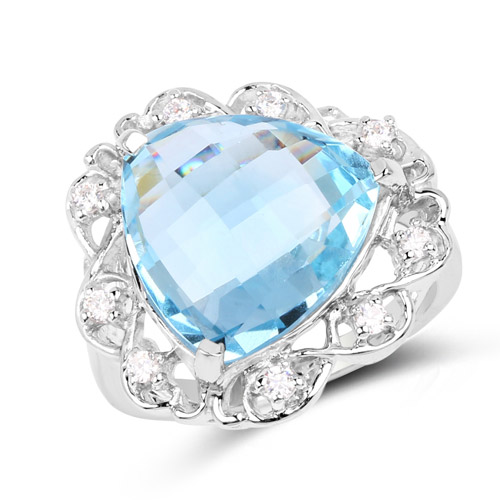 Rings-11.01 Carat Genuine Blue Topaz and White Zircon .925 Sterling Silver Ring