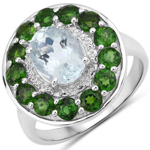 Rings-2.96 Carat Genuine Aquamarine and Chrome Diopside .925 Sterling Silver Ring