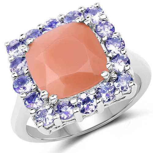 Rings-6.70 Carat Genuine Peach Moonstone and Tanzanite .925 Sterling Silver Ring