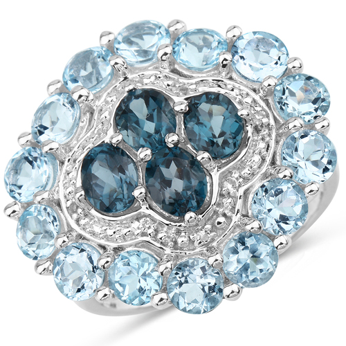 Rings-6.54 Carat Genuine London Blue Topaz, Blue Topaz and White Topaz .925 Sterling Silver Ring