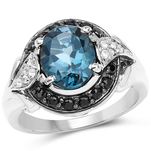 Rings-4.27 Carat Genuine London Blue Topaz, Black Spinel & White Topaz .925 Sterling Silver Ring