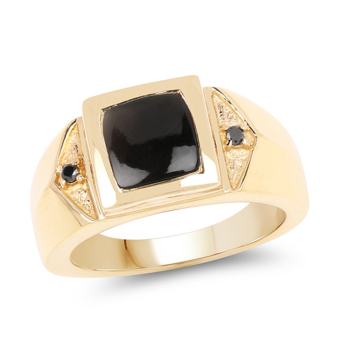 Rings-14K Yellow Gold Plated 2.03 Carat Genuine Black Onyx and Black Diamond .925 Sterling Silver Ring