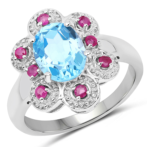 Rings-2.28 Carat Genuine Swiss Blue Topaz and Ruby .925 Sterling Silver Ring
