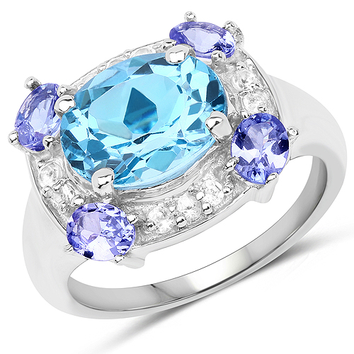 Rings-4.13 Carat Genuine Swiss Blue Topaz, Tanzanite & White Topaz .925 Sterling Silver Ring