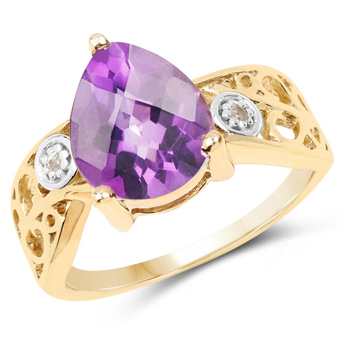 14K Yellow Gold Plated 1.63 Carat Genuine Amethyst and White Diamond .925 Sterling Silver Ring
