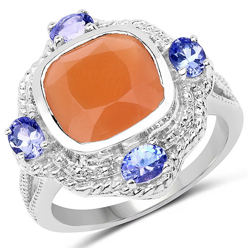 Rings-4.23 Carat Genuine Peach Moonstone and Tanzanite .925 Sterling Silver Ring