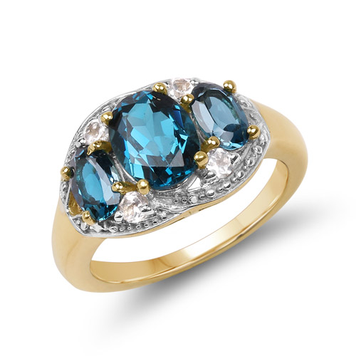 Rings-14K Yellow Gold Plated 2.77 Carat Genuine London Blue Topaz and White Topaz .925 Sterling Silver Ring