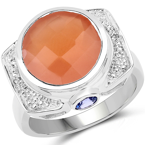 Rings-5.99 Carat Genuine Peach Moonstone, Tanzanite and White Topaz .925 Sterling Silver Ring