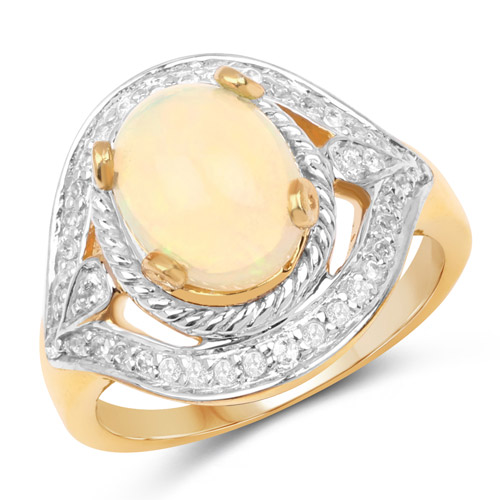 14K Yellow Gold Plated 1.88 Carat Genuine Ethiopian Opal and White Topaz .925 Sterling Silver Ring