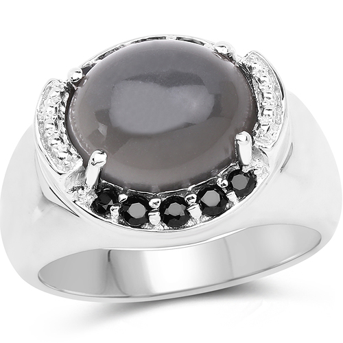 Rings-5.68 Carat Genuine Grey Moonstone & Black Spinel .925 Sterling Silver Ring