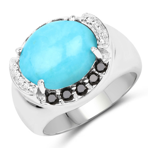 Rings-4.58 Carat Genuine Turquoise and Black Spinel .925 Sterling Silver Ring