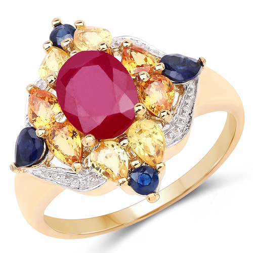 Ruby-14K Yellow Gold Plated 3.76 Carat Genuine Multi Stone .925 Sterling Silver Ring