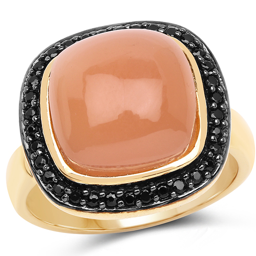 Rings-14K Yellow Gold Plated 7.50 ct. t.w. Peach Moonstone and Black Spinel Ring in Sterling Silver