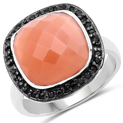 6.46 Carat Genuine Peach Moonstone and Black Spinel .925 Sterling Silver Ring