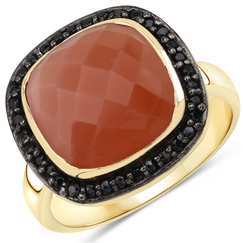 Rings-6.74 Carat Genuine Peach Moonstone and Black Spinel .925 Sterling Silver Ring
