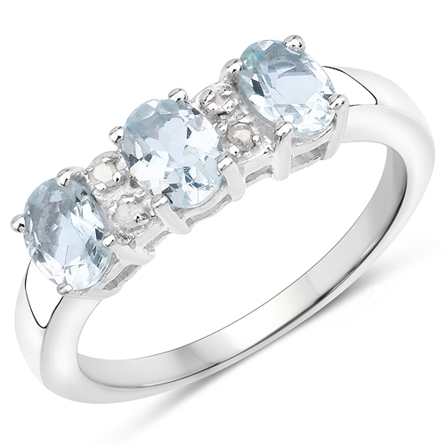 Rings-0.90 Carat Genuine Aquamarine and White Diamond .925 Sterling Silver Ring