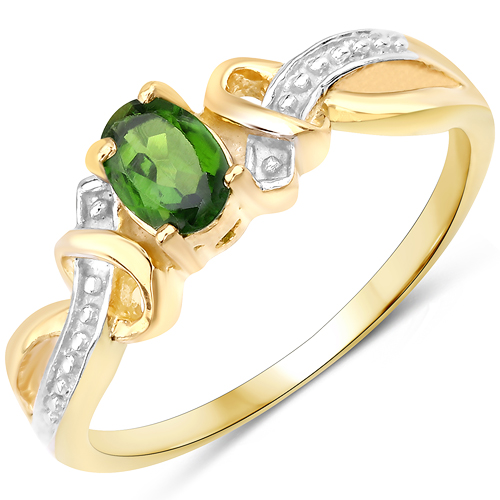 Rings-14K Yellow Gold Plated 0.43 Carat Genuine Chrome Diopside .925 Sterling Silver Ring