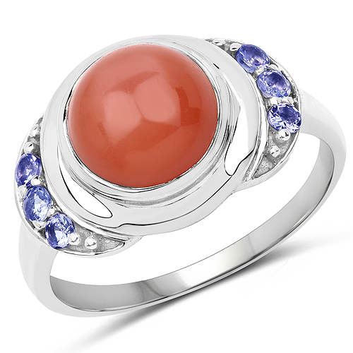 Rings-3.01 Carat Genuine Peach Moonstone and Tanzanite .925 Sterling Silver Ring