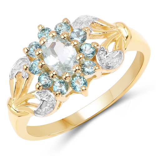 Rings-14K Yellow Gold Plated 0.83 Carat Genuine Aquamarine & London Blue Topaz .925 Sterling Silver Ring