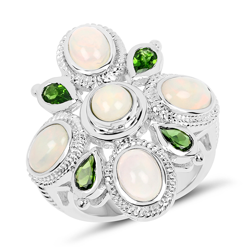 Opal-2.97 Carat Genuine Ethiopian Opal And Chrome Diopside .925 Sterling Silver Ring
