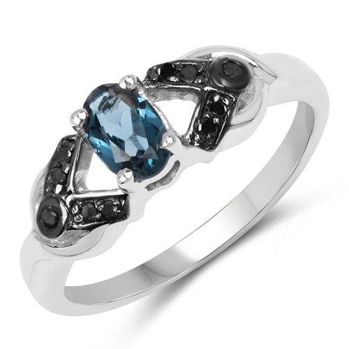 Rings-0.60 Carat Genuine London Blue Topaz and Black Diamond .925 Sterling Silver Ring