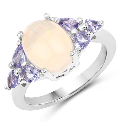Opal-2.60 Carat Genuine Opal and Tanzanite .925 Sterling Silver Ring