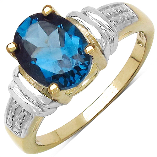 Rings-14K Yellow Gold Plated 2.50 Carat Genuine London Blue Topaz .925 Sterling Silver Ring
