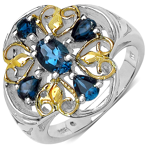 Rings-Two Tone Plated 1.45 Carat Genuine London Blue Topaz .925 Sterling Silver Ring