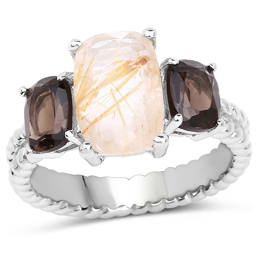 Rings-5.75 Carat Genuine Golden Rutile and Smoky Quartz .925 Sterling Silver Ring
