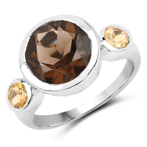 Rings-3.56 Carat Genuine Smoky Quartz and Citrine .925 Sterling Silver Ring