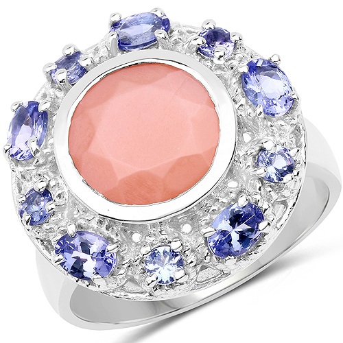 4.50 Carat Genuine Peach Moonstone and Tanzanite .925 Sterling Silver Ring