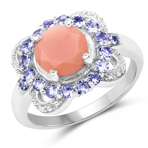 Rings-2.87 Carat Genuine Peach Moonstone and Tanzanite .925 Sterling Silver Ring