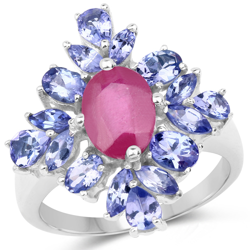 Ruby-3.48 Carat Glass Filled Ruby and Tanzanite .925 Sterling Silver Ring