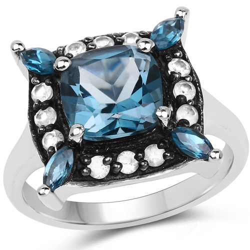 Rings-3.24 Carat Genuine London Blue Topaz and White Topaz .925 Sterling Silver Ring