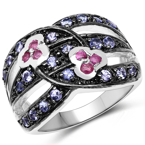 Ruby-1.00 Carat Genuine Ruby and Tanzanite .925 Sterling Silver Ring
