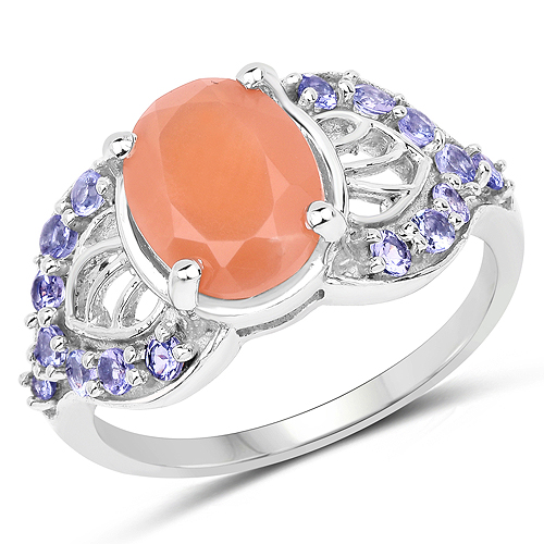 3.06 Carat Genuine Peach Moonstone and Tanzanite .925 Sterling Silver Ring