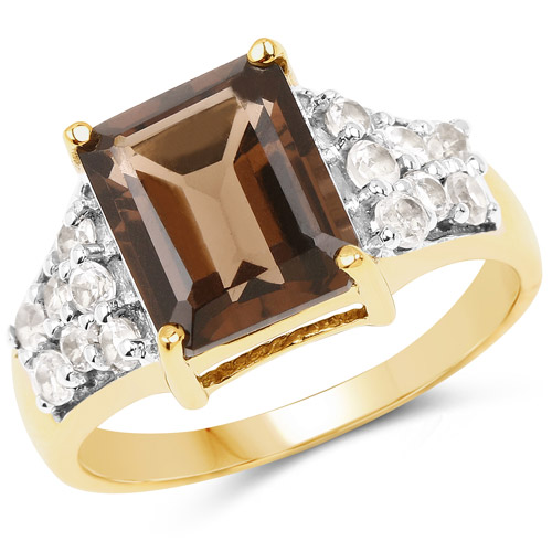 Rings-14K Yellow Gold Plated 3.61 Carat Genuine Smoky Quartz and White Topaz .925 Sterling Silver Ring